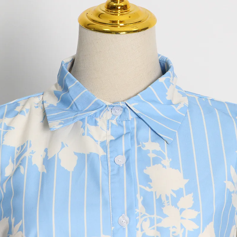 Blue Fresh and Sweet Style Contrast Color Short Dress 2022 Autumn New Printed Shirt Collar High Waist Waist Dress Women