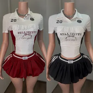 Huili Manufacturers Polo Collar Lace Trim Short Sleeve T Shirt & Mini Skirt Two Piece Custom Logo Summer Women's Sports Set
