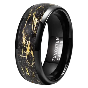 Coolstyle Jewelry 8mm Wholesale Sandblasted Stone Gold Foil Inlay Engagement Wedding Band Black Tungsten Ring for Men Women