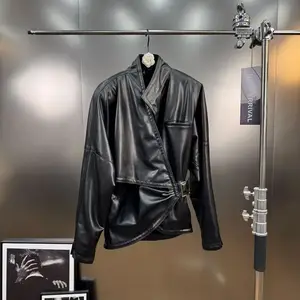 Wholesale autumn 2026 new fashionable elegant casual PU leather splicing buttons waist temperament versatile women's coat