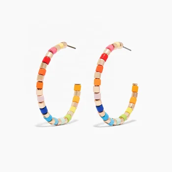 2019 New Fashion Stainless Steel Hoop Colorful Rainbow Enamel Beads Earrings For Women
