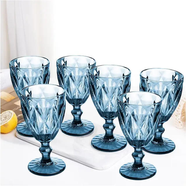 Wedding Party Bar Plastic Reusable 12 Ounce Colored Water Goblets,Unique Embossed Pattern Unbreakable Stemmed Wine Glasses