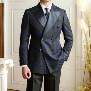 Men's Plaid Banquet Groom Wedding Handsome Suit Jacket Slim Peaked Lapel High Quality Double Vents Suit Jacket for Men