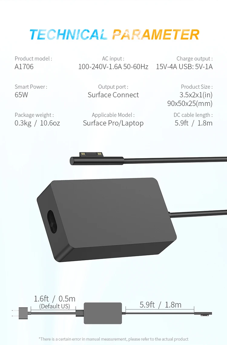Portable 15v 4a 65w Laptop Charger For Microsoft Surface Pro 8 7 6 5 4 3 Surface Book 3 2 1