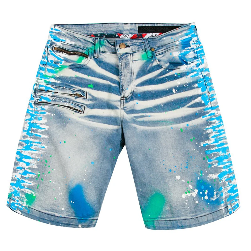 DiZNEW Men's washed jeans painted men's denim comfortable shorts