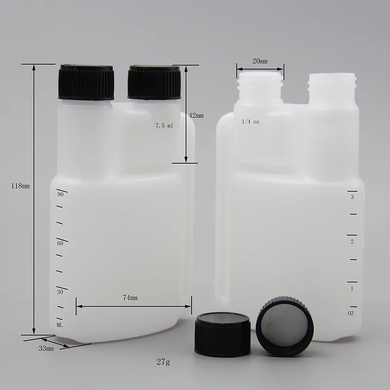 3 oz 100ml HDPE Twin Neck Measure Plastic Bottle With Dual Chamber