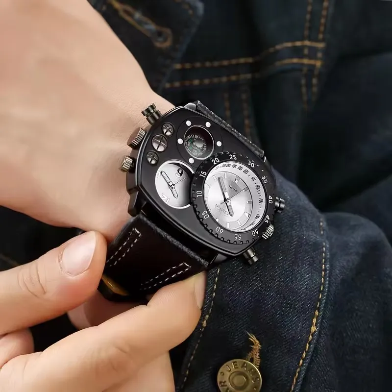 OULM 9865 Men Casual Fashion Multiple Time Zone Wrist Watches Luminous Analog Display COMPASS Leather Band Watch
