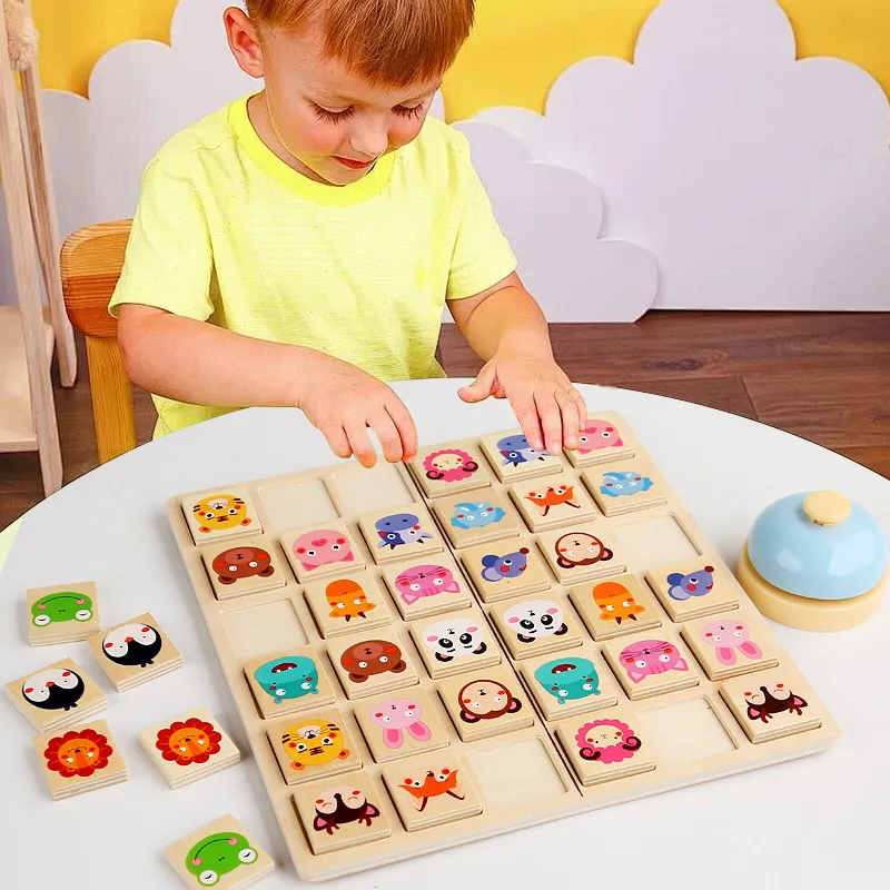 家族向け木製フリップチェスパズルボードゲーム 論理的思考と記憶マッチング 教育玩具 子供向け 持ち運びしやすい旅行向け