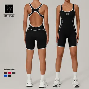 Custom Female Workout Romper Running Fitness Wear Blocking Color Removable Pads Backless Yoga Jumpsuit