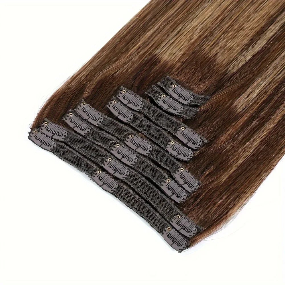 Straight Clip in Hair Extensions 100% Real Human Hair Brown Highlights Blonde Clip In Remy Human Hair Extension For Women_voghion.com