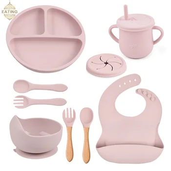 Infant and child silicone anti-fall dinner plate set spoon fork board bib food grade silicone feeding tableware ten-piece set