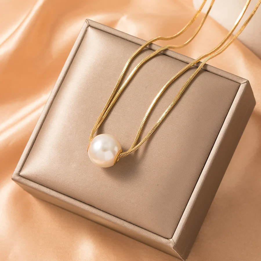 2025 Minimalist Design Double Layers Pearl Necklace Trendy Gold Plated Flat Snake Chain Stainless Steel Necklaces for Women