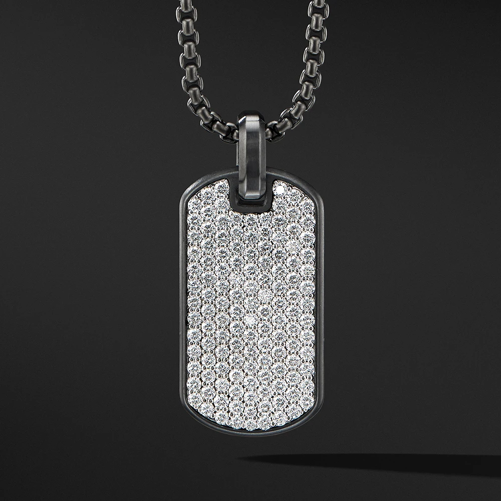 Stainless Steel Black Dog Tag Cnc Zircon Diamond Pendant Necklace Mens ...