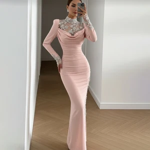 ZYHT 73950 Pink Gemstone Lace Transparent Neck Long Sleeves Bodycon Sexy Pencil Maxi Dress Women Clothes Custom Manufacturer