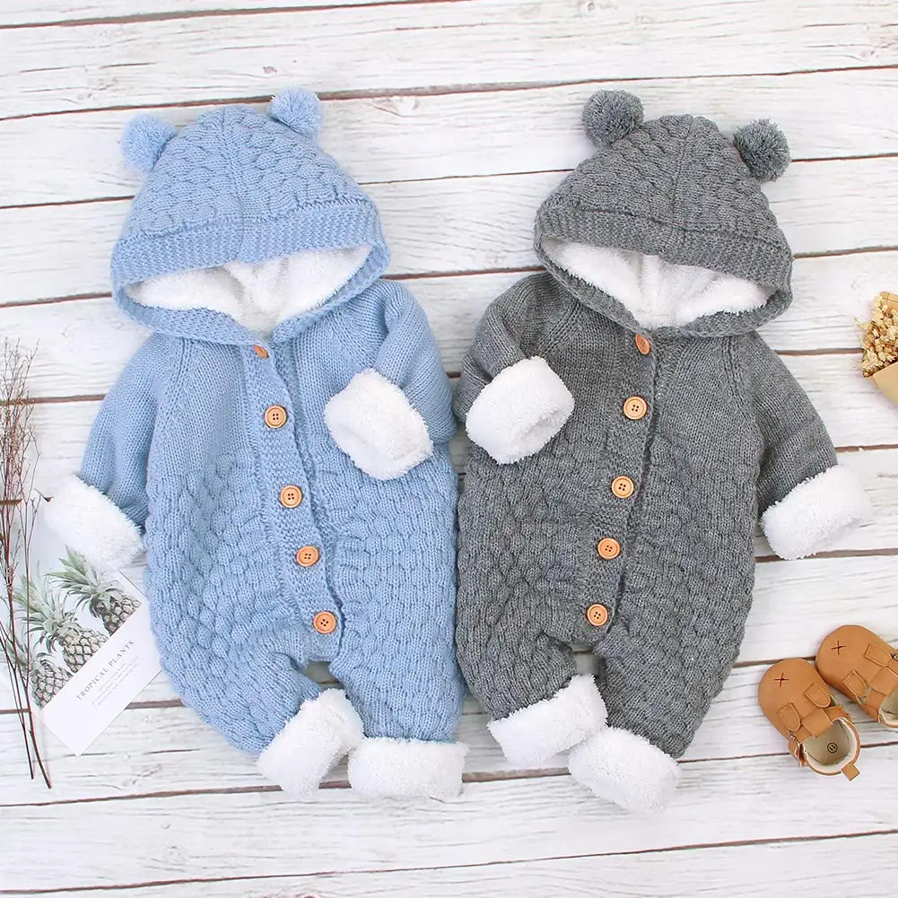 2021 Winter Custom Logo Design Baby Hooded Knitted Rompers Newborn ...