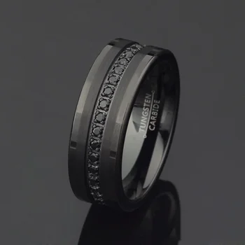 8mm Black Tungsten Ring For Men Women Engagement Promise Wedding Diamonds Band Princess Cz Stone Inlay Comfort Fit