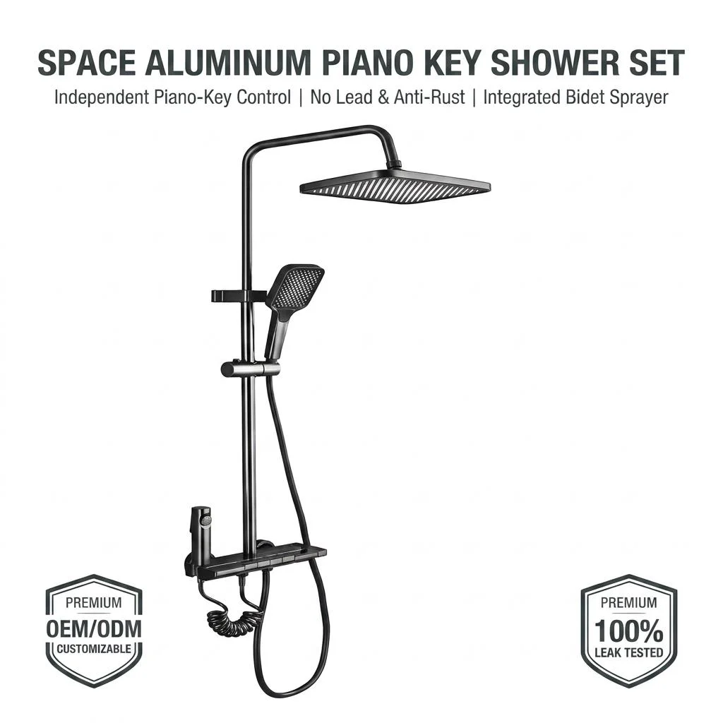 Complete shower column system in contemporary bathroom Modern gun grey aluminum shower column system with piano key control panel