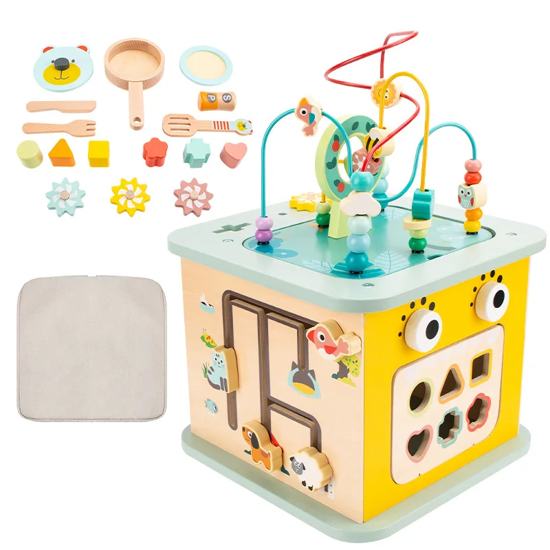 Early Education 7 in 1 Multifunctional Wooden Baby Playing House Cute Maze Game Box Children Matching Blocks Activity Cube