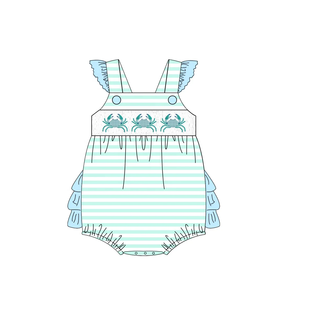 Лидер продаж, детские летние комплекты одежды из 2 предметов, детская одежда для маленьких девочек, наряды с дымчатыми оборками в виде крабов