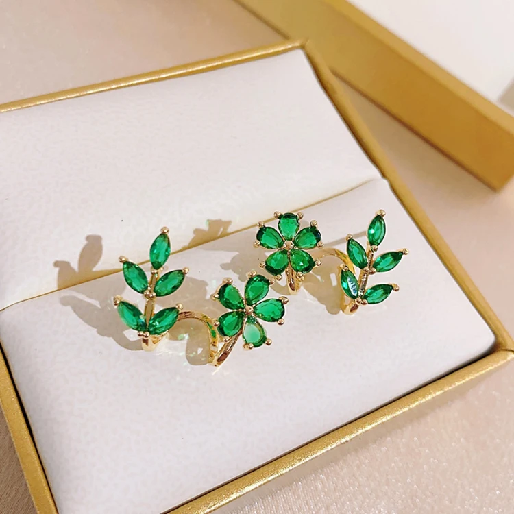 AL-08 Fashion Wholesale Women Earrings Ear Jewelry Green Leaf Flower Crystal Rhinestone Diamond Stud Ear Rings