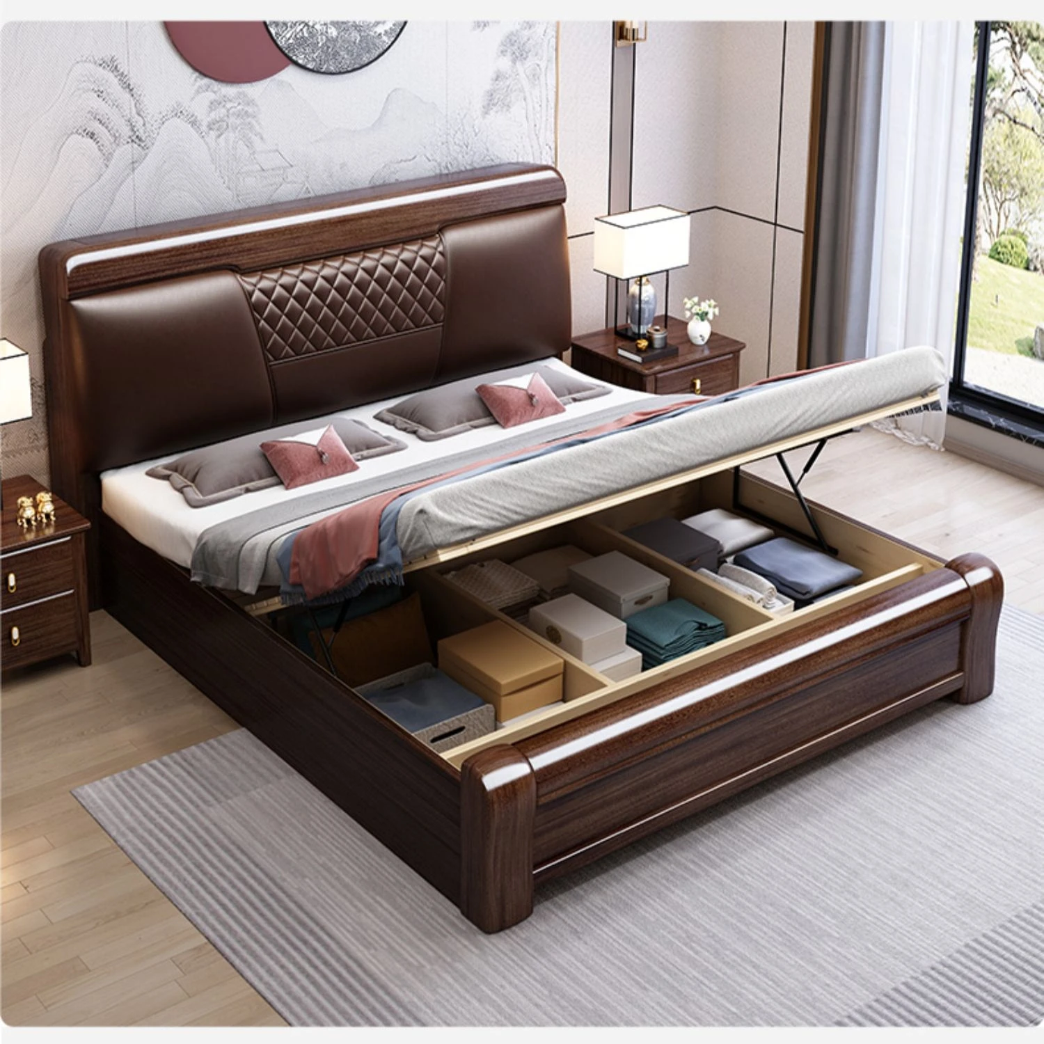 Purple Gold Sandalwood Solid Wood Bed King Size Master Bedroom Modern Simple Double Bed Chinese Style Storage Bedroom Furniture