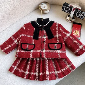 Korean Style 2PCS Girls Clothing Sets Solid Red Elegant Pleated Princess Suit Washable Button Design Clothes for Kids Birthday