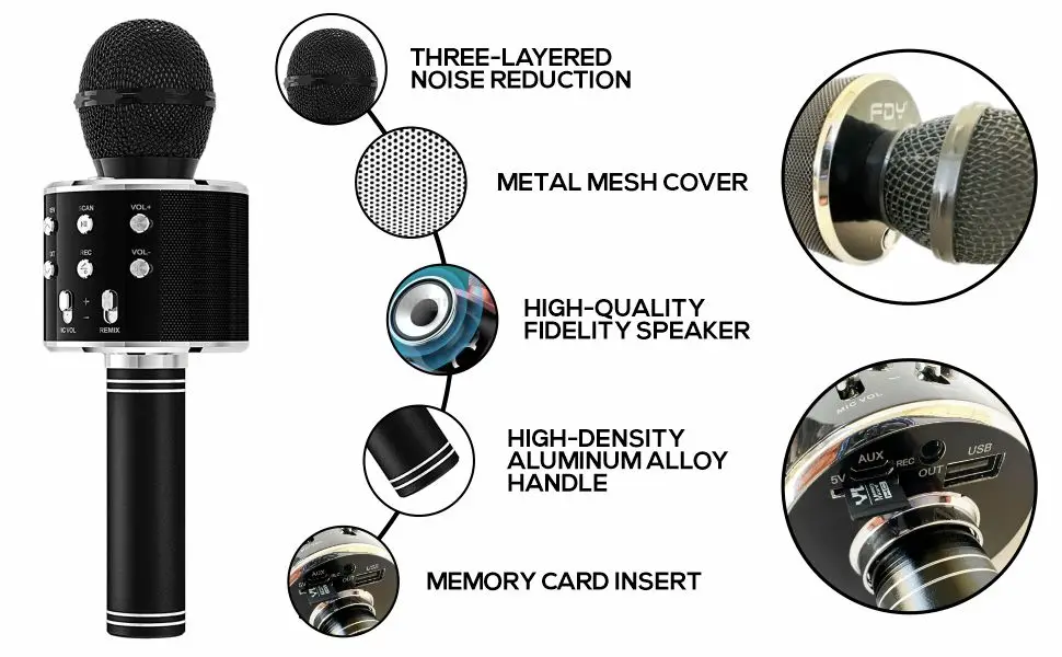 Wireless Karaoke Microphone With Led Lights Handheld Bluetooth Mic For Kids' Singing,Voice