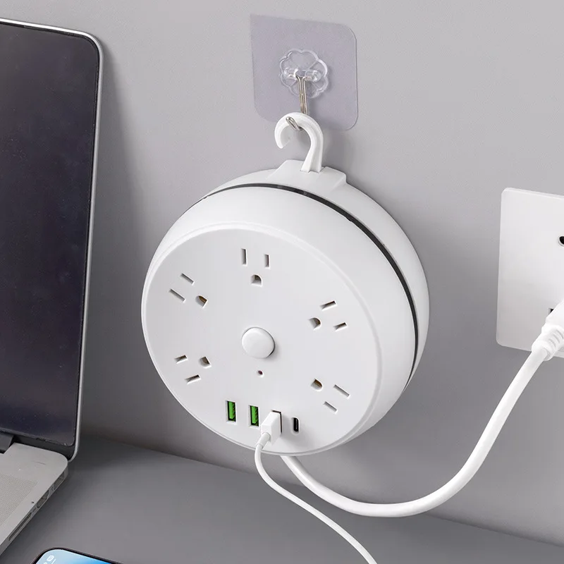 Round Universal Portable Storage Winding Socket Pull-out Plug Power Strip Extension Cord Socket With 3 USB Cable Smart Home