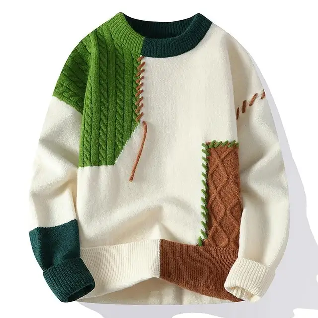 Mens Casual Fashion Autumn Winter Warm Pullover Sweaters Turtleneck Patchwork Streetwear Clothing