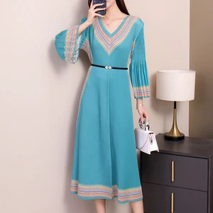 Miyake Women's  Pleated Dress with Ethnic Print - V - Neck Bell Sleeve Belted Midi Dress for Elegant