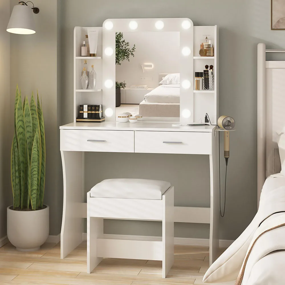 Modern Dressing Table with Light Mirror 2 Large Drawers Wood Makeup Vanity Desk with Adjustable Lighting LED for Bedroom