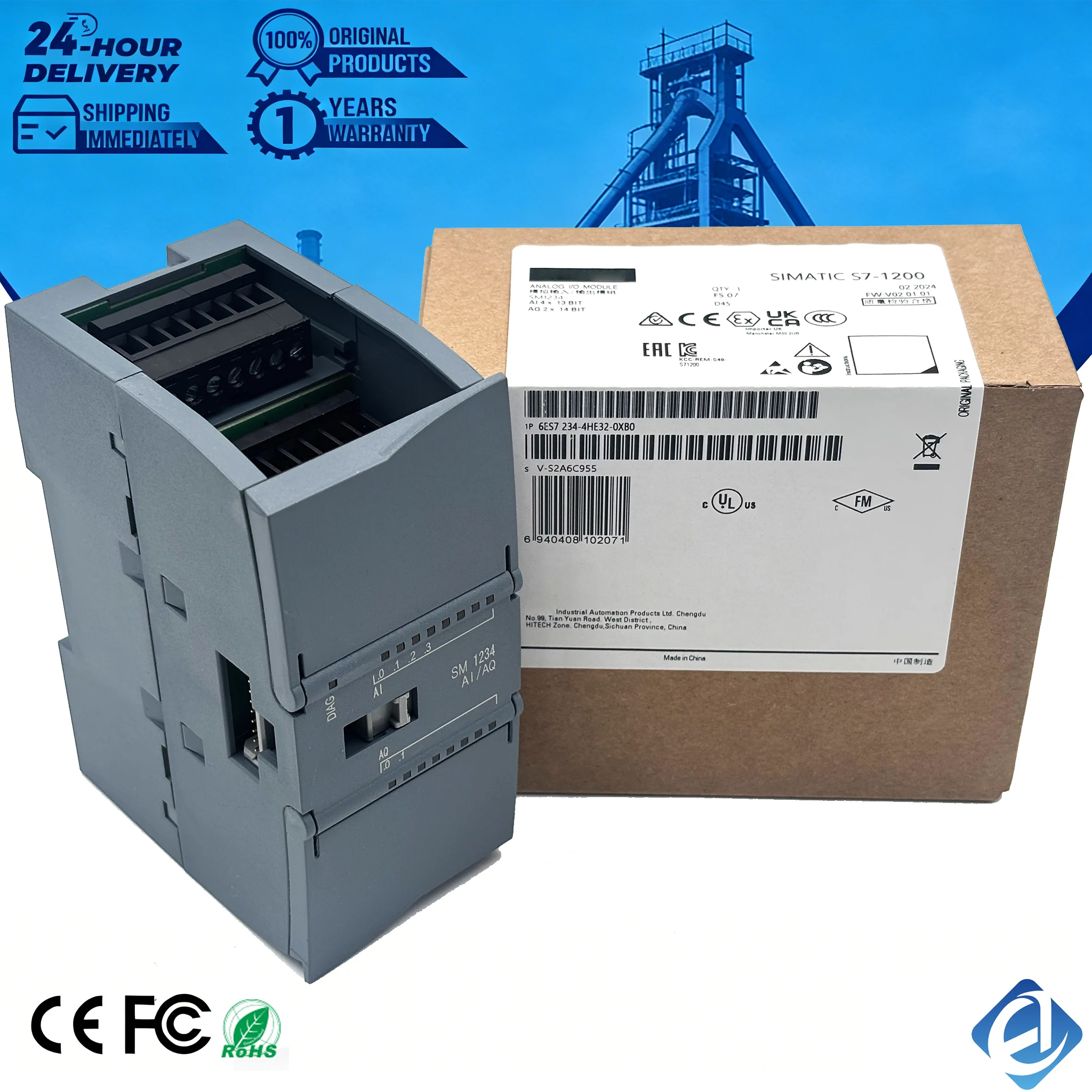 New Original 6ES7234-4HE32-0XB0 6ES7 234-4HE32-0XB0 analog input/output module for Siemens SIMATIC S7-1200 series, featuring 2 analog inputs and 2 analog outputs, supporting voltage and current signals with high precision
