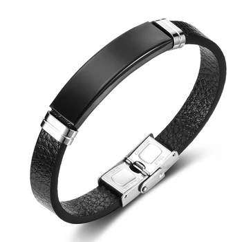 Custom available IP black plating wristband smooth gold engraved blank bar stainless steel leather bracelet man