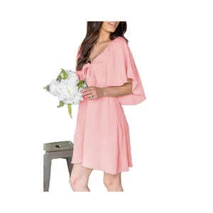 Elegant Women's Chiffon Mini Dress Deep V Neck Natural Waist Solid Pattern Vintage Loose ODM Supply Woven Summer Autumn Seasons