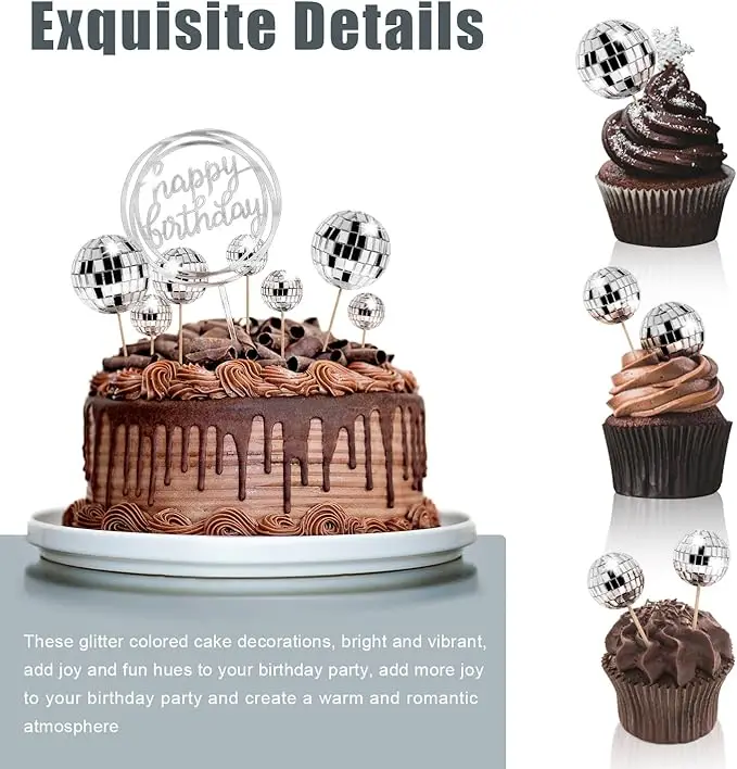 Lot de 20 mini boules disco pour cupcakes - Décorations de fête à thème des années 70 - Décorations de gâteau d'anniversaire sur le thème des années 70
