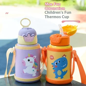 High-Value Portable Stainless Vacuum Thermos Cup Cute Cartoon Design Large Drop-Resistant Leather Case Children Babies Outdoor