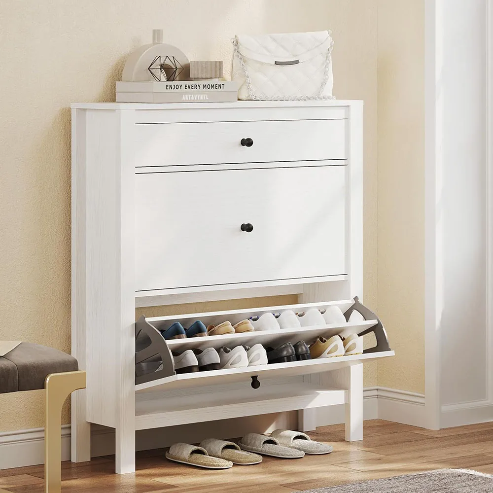 White Shoe Cabinet with 2 Flip Drawer,slim Shoe Storage Cabinet With Metal Flip Frame - Adjustable or Removable Hidden Shoe Rack details