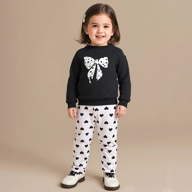 Children Girls Clothing Set Long Sleeve Black Sweatshirt Bowknot Pattern and Leggings Sweet Outfit for 2-7Y