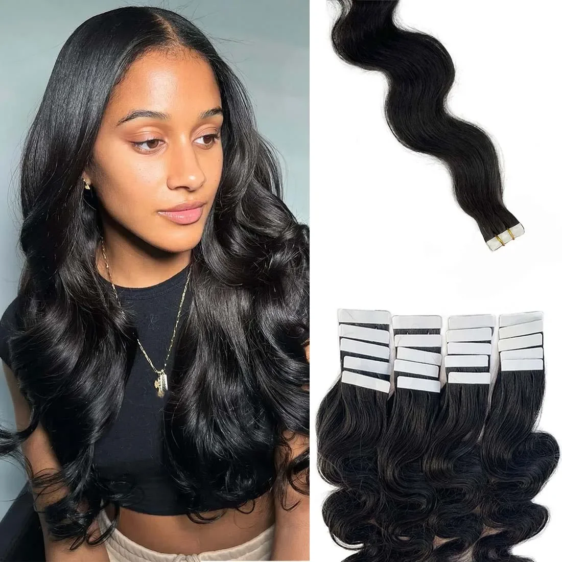 Bantlı İnsan Saçı Uzatma Vücut Dalgası Brezilya Remy Saç Doğal Siyah #1B_voghion.com