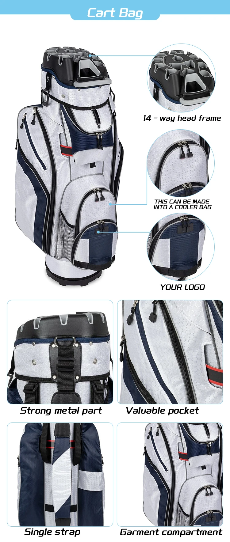Junyuan Nylon Golf Cart Bag Leather Customized Golf Caddie Bag Nylon
