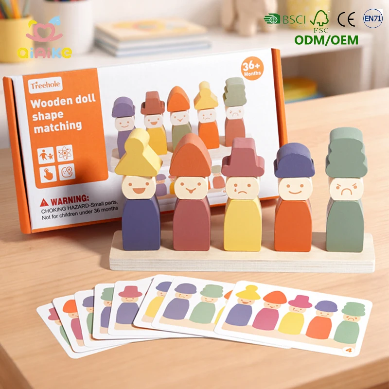 Permainan Menumpuk Blok Ekspresi Kayu untuk Pendidikan Anak Usia Dini Montessori, Mainan Puzzle Boneka Pelangi yang Bersertifikasi EN71