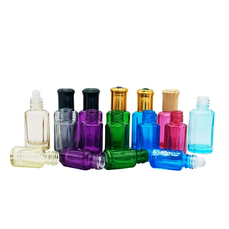 Wholesale custom spot empty 3ml 6ml 9ml 12ml small Octagonal ball subpackage colored perfume glass essential oil roll on bottle