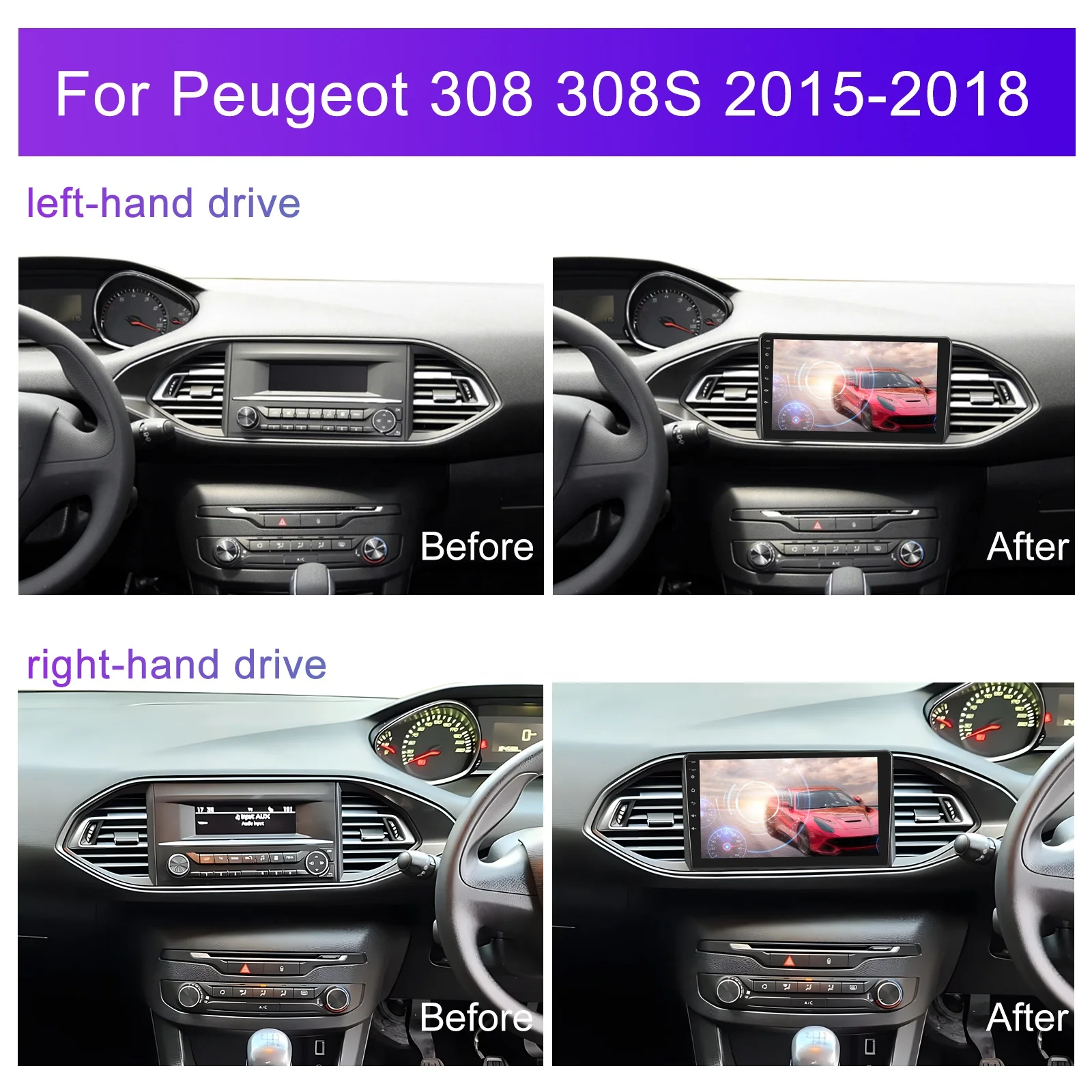 Podofo 9'' Android 8 Core 4+64GB Carplay Android Auto Car Stereo for Peugeot 308 308S 2015-2018 GPS WiFi&4G A2DP FM/AM/RDS DSP