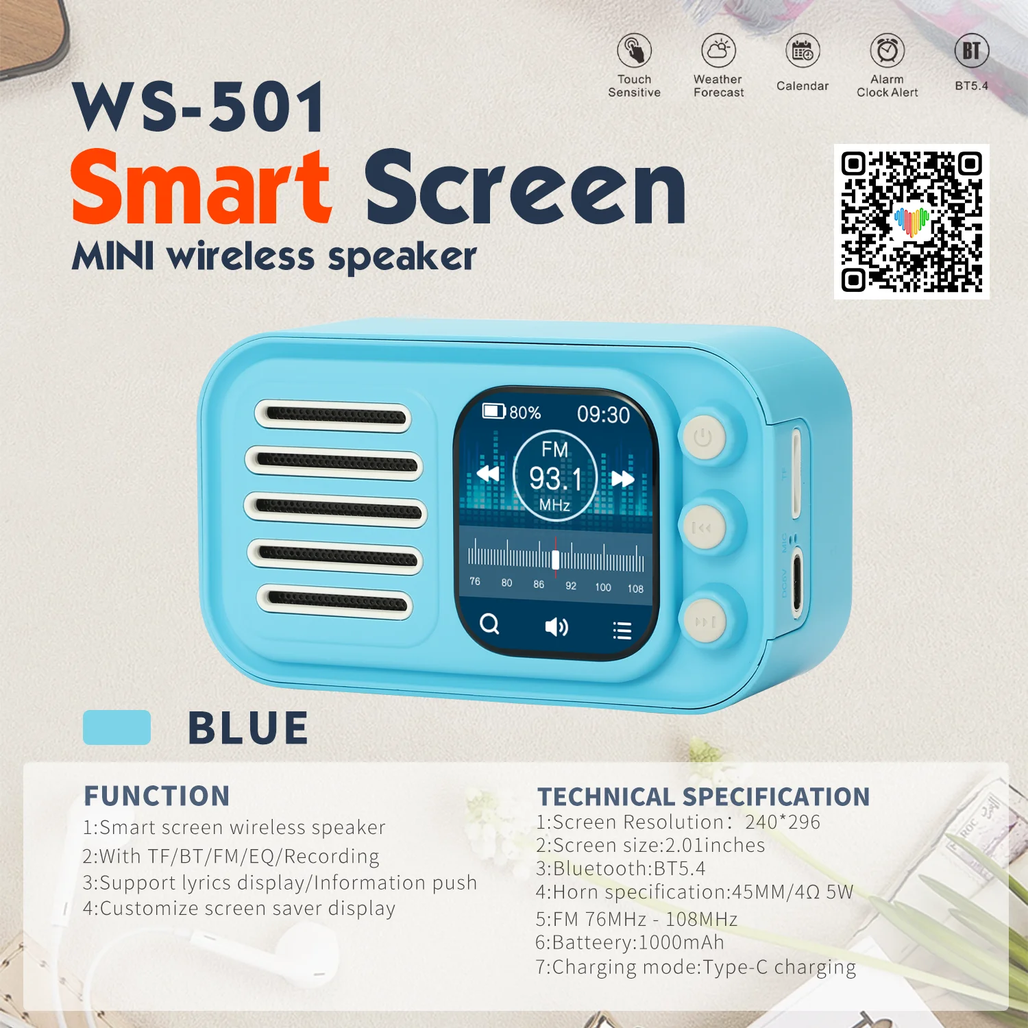 New Model Smart Screen Wireless Speaker WS501 Mini Portable Speaker Customize Screen Display