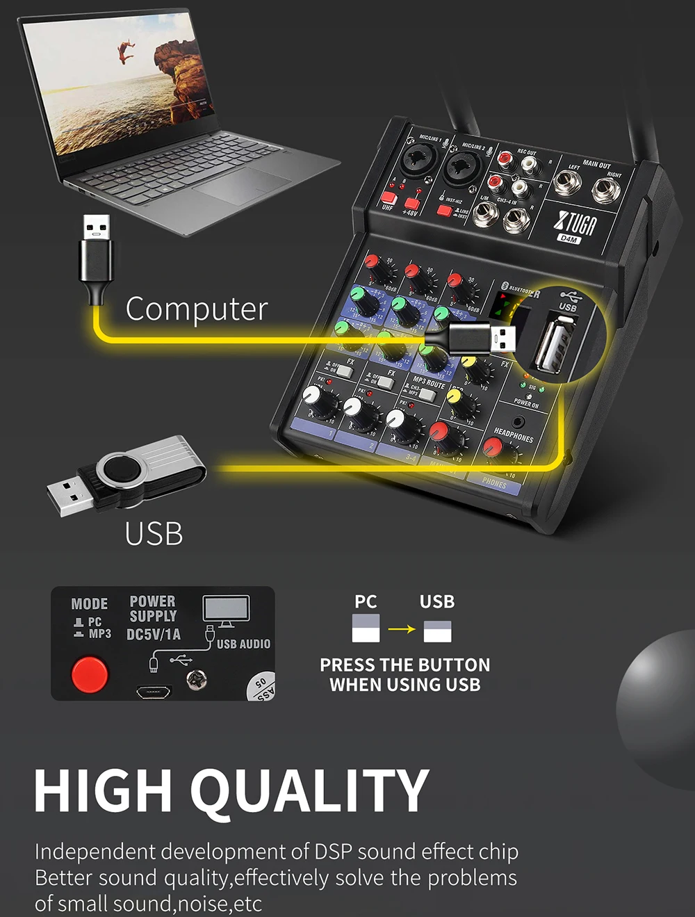 4 CH Channels Professional Small Digital DJ Console USB Notepad Power Audio Mixer