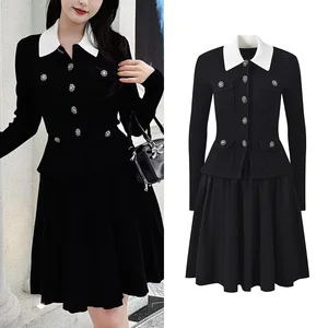 Bettergirl Spring 2026 New French Beaded Tweed Black Short Dress Polo Pleated Knitted Elegant Party Dress