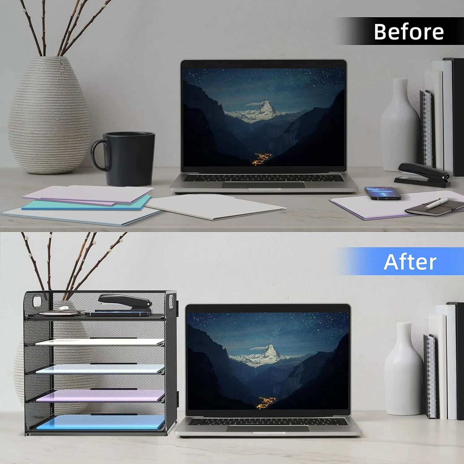 Manufacture Modern Multifunction Metal Mesh Desk File Letter Organizer Rack Handle 5-Tray Paper Sorter Office Home School