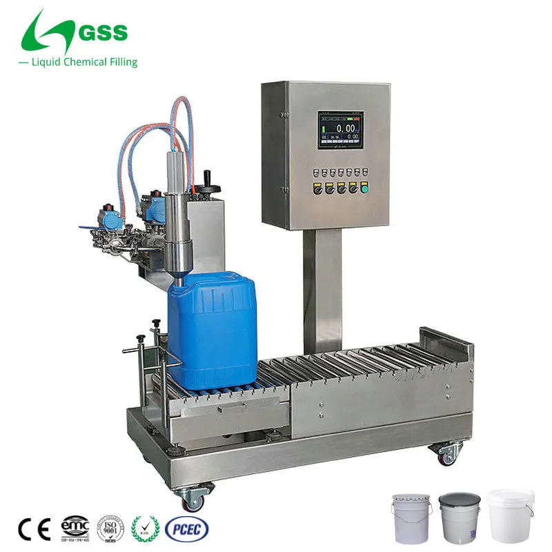GSS 10-30L Semi-Automatic Chemical Pneumatic Liquid Filling Machine Corrosive Sulfuric Nitric Acid Lye Plastic & Metal Packaging