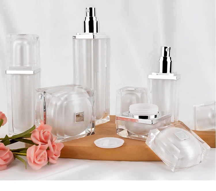 Luxury acrylic bottles jar white coemtic packaging set clear dropper bottle for essential oil skin care cream manufacture