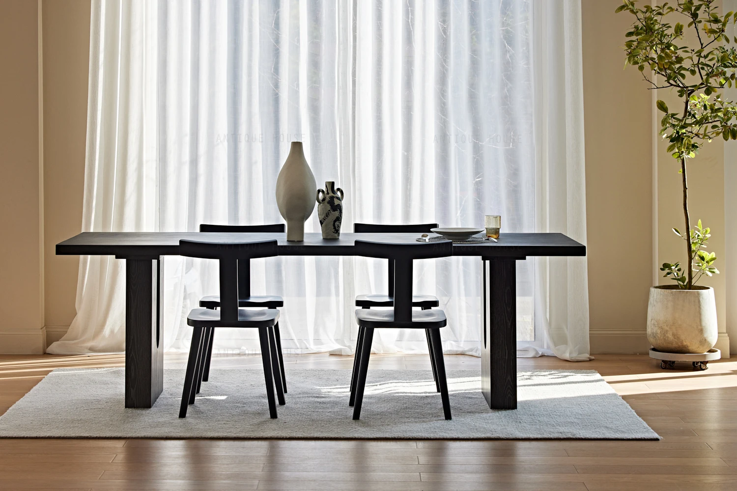 French Japandi Dining Room Furniture Architectural Concrete Oak Solid